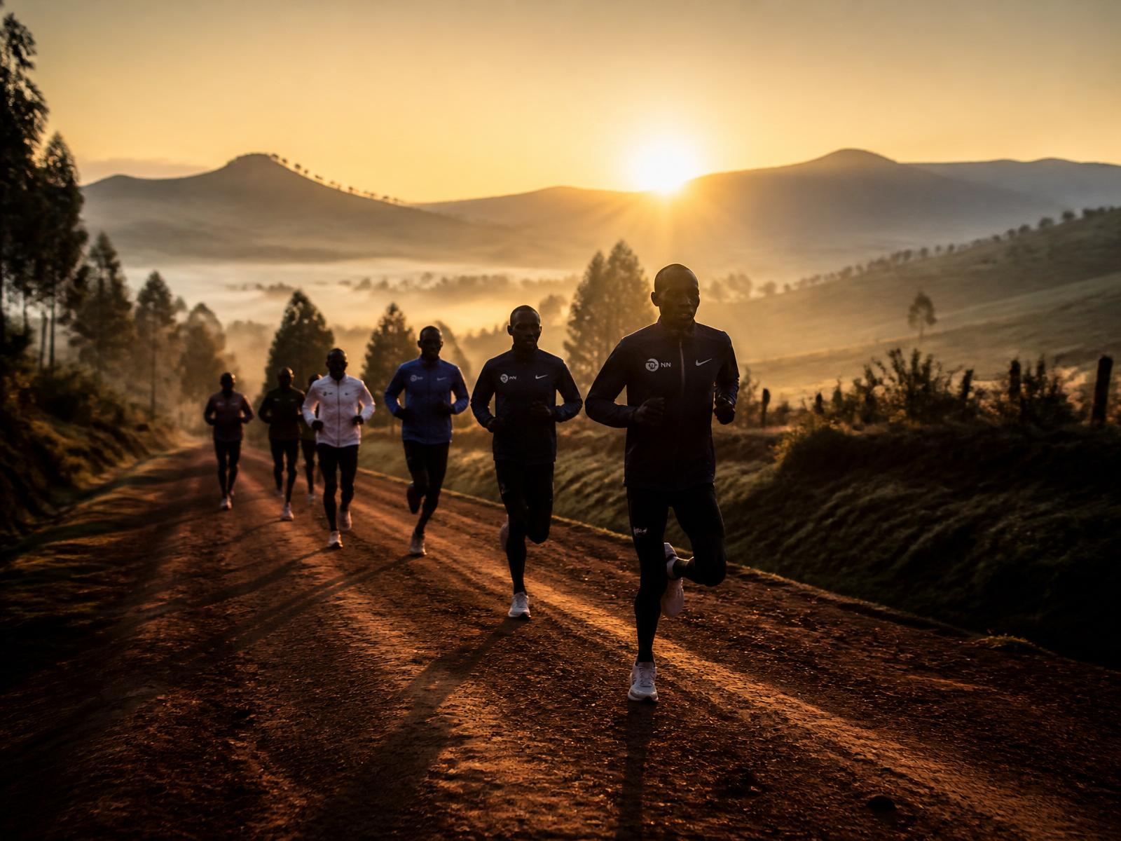 Kalenjin runners training at sunrise on the red-dirt roads of Iten