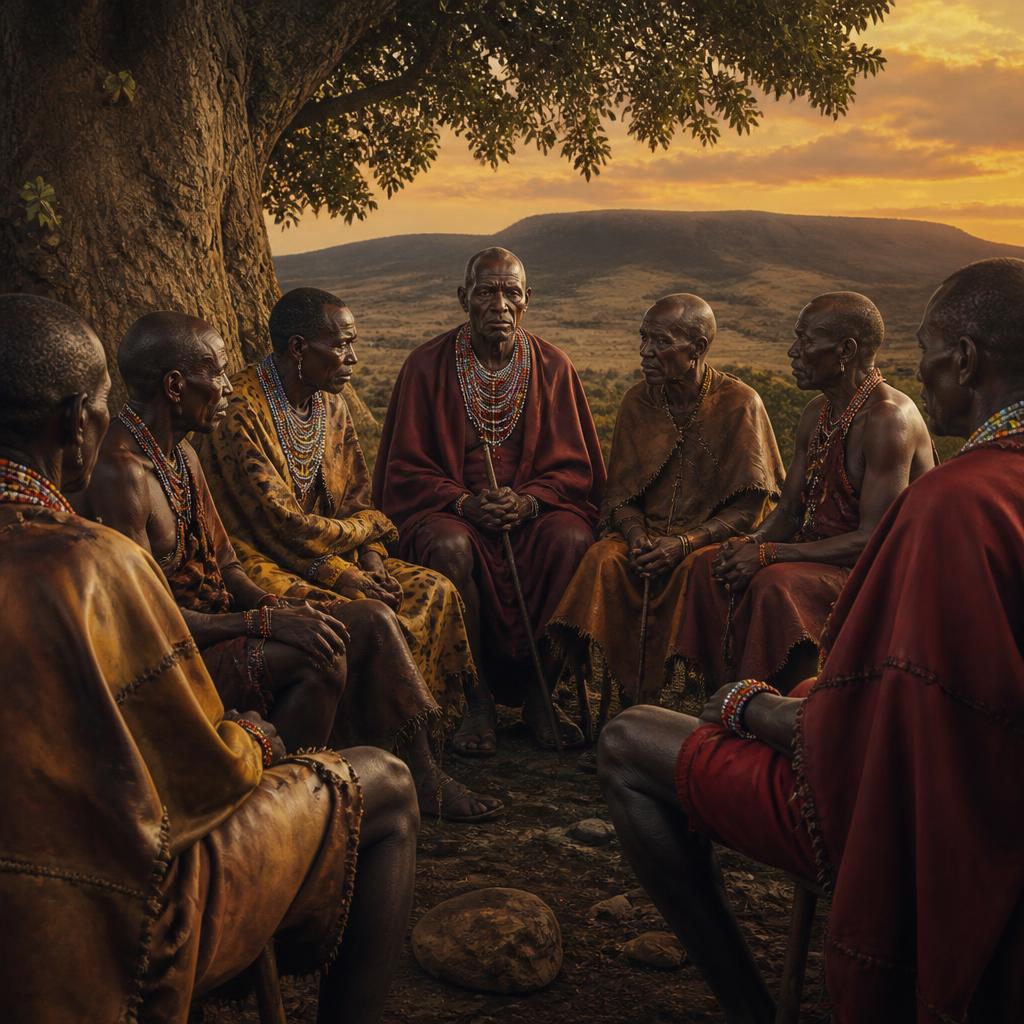 Oil-painting portrait of a Kalenjin elders' council beneath a fig tree at golden hour.