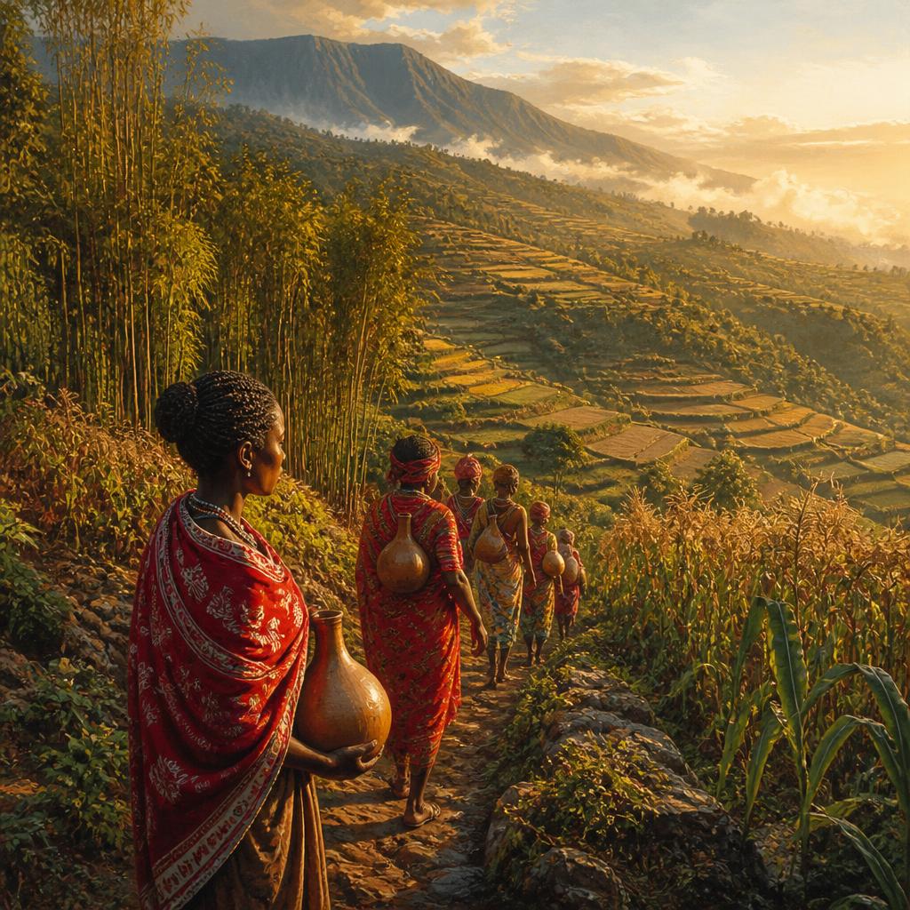 Oil painting of Sabaot women on the terraced slopes of Mount Elgon at golden hour.