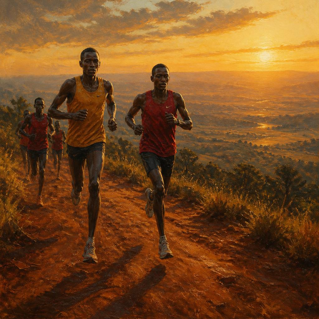 Oil painting of Kalenjin long-distance runners on the red-earth roads above Iten at sunrise.