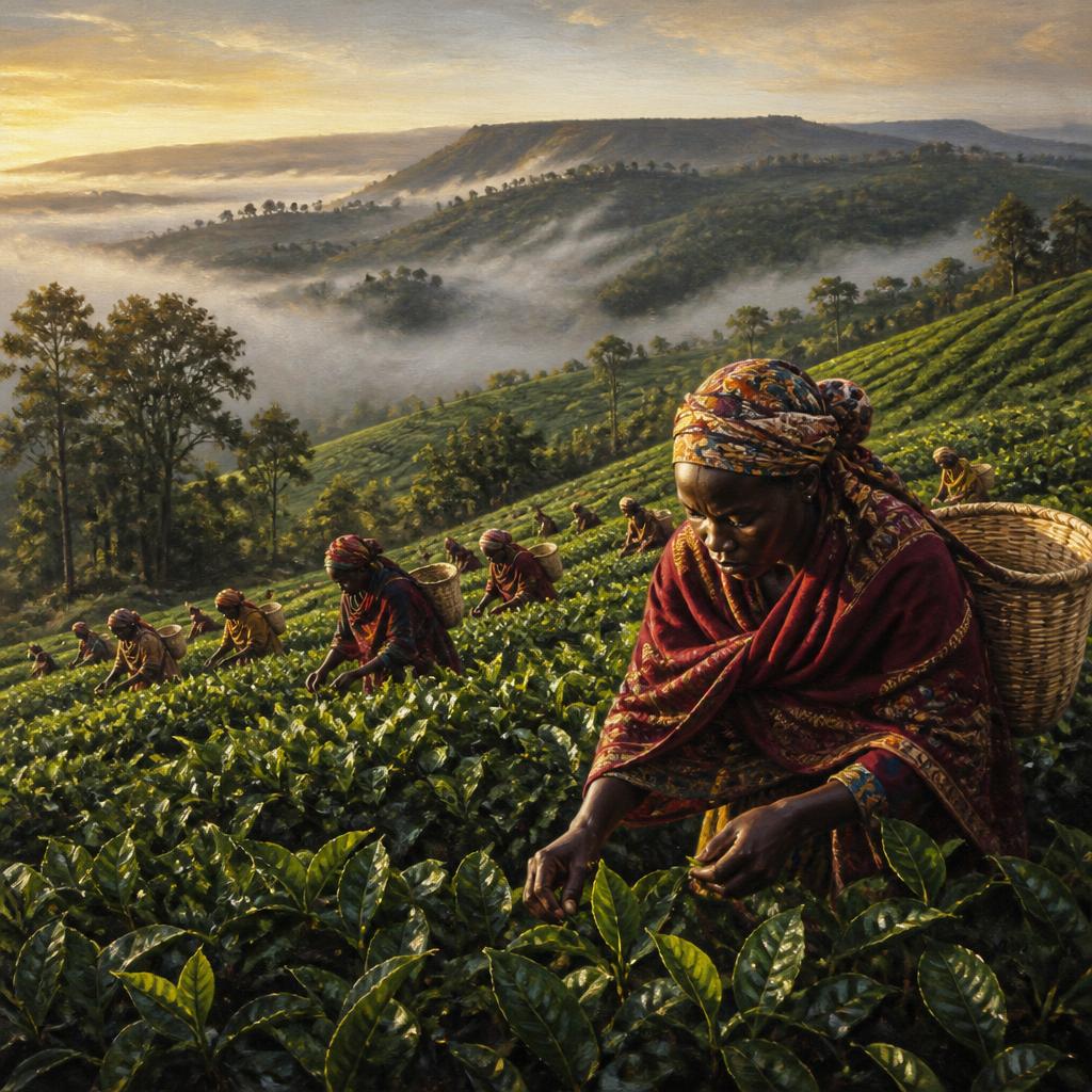 Oil painting of Kipsigis tea pickers on the misted ridges of the Mau escarpment at dawn.